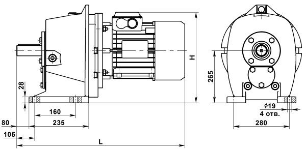 Двухступенчатый цилиндрический мотор-редуктор МЦ2С-125. Исполнение на лапах